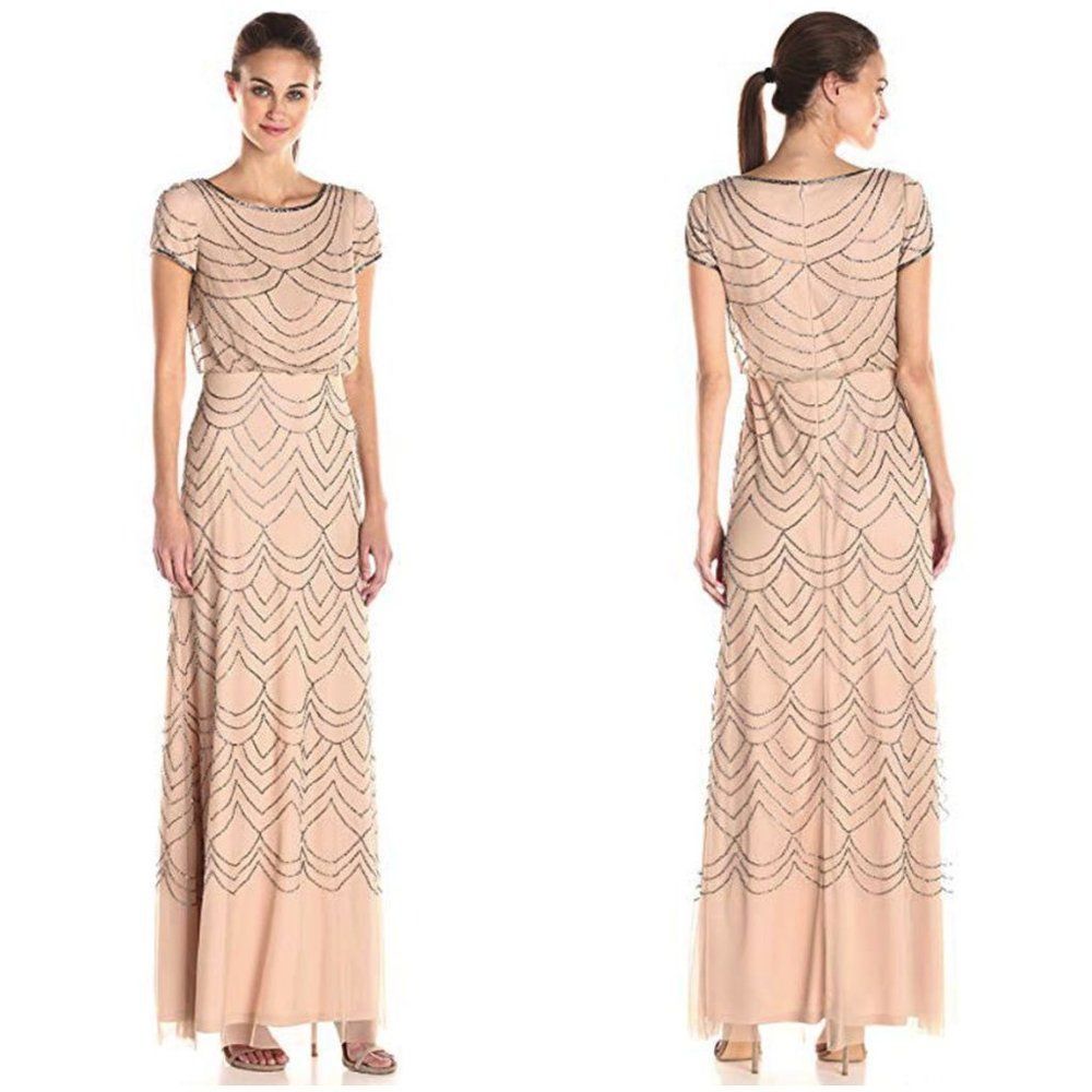 Adrianna Papell Short Sleeve Blouson Beaded Gown Blush